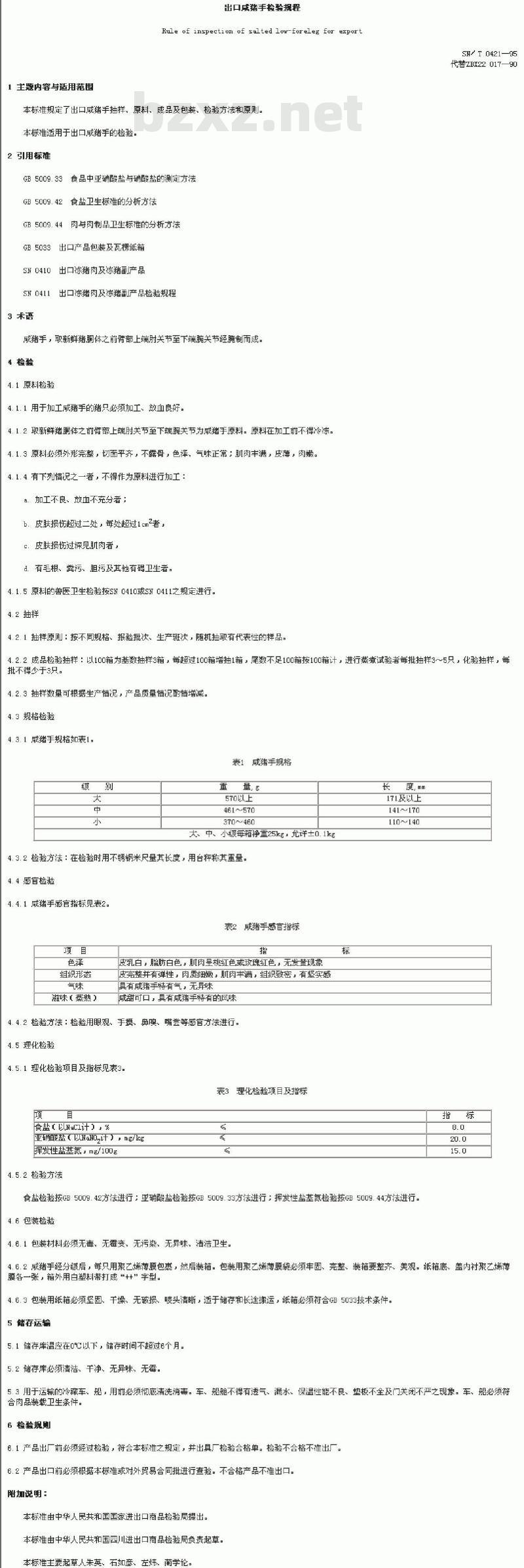 SN/T 0421-1995 出口咸猪手检验规程