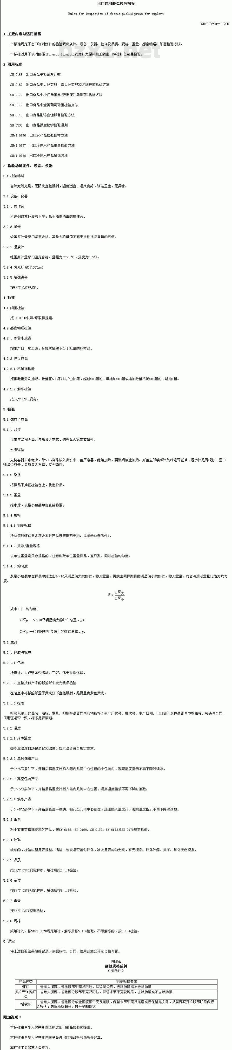 SN/T 0390-1995 出口冻对虾仁检验规程