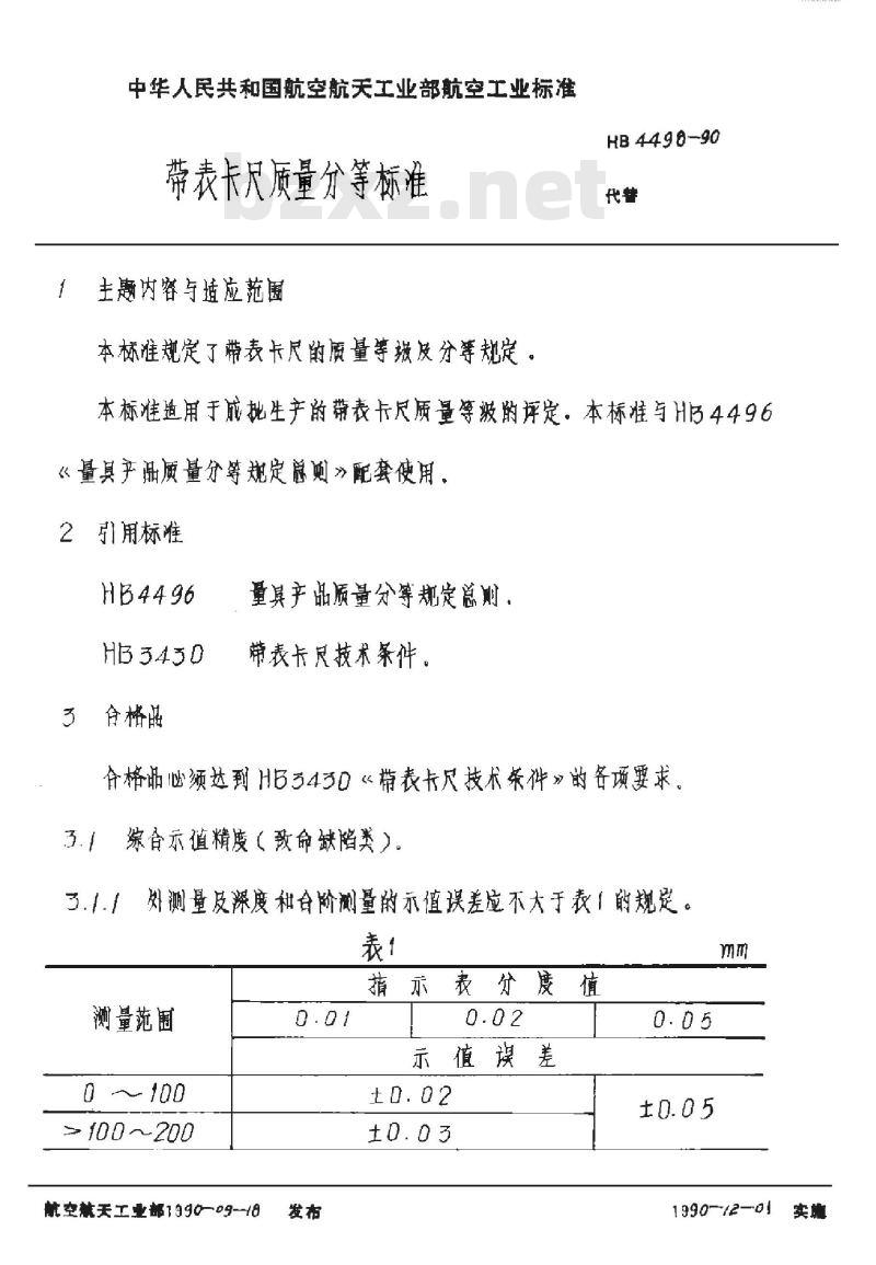 HB 4498-1990 带表卡尺质量分等规定