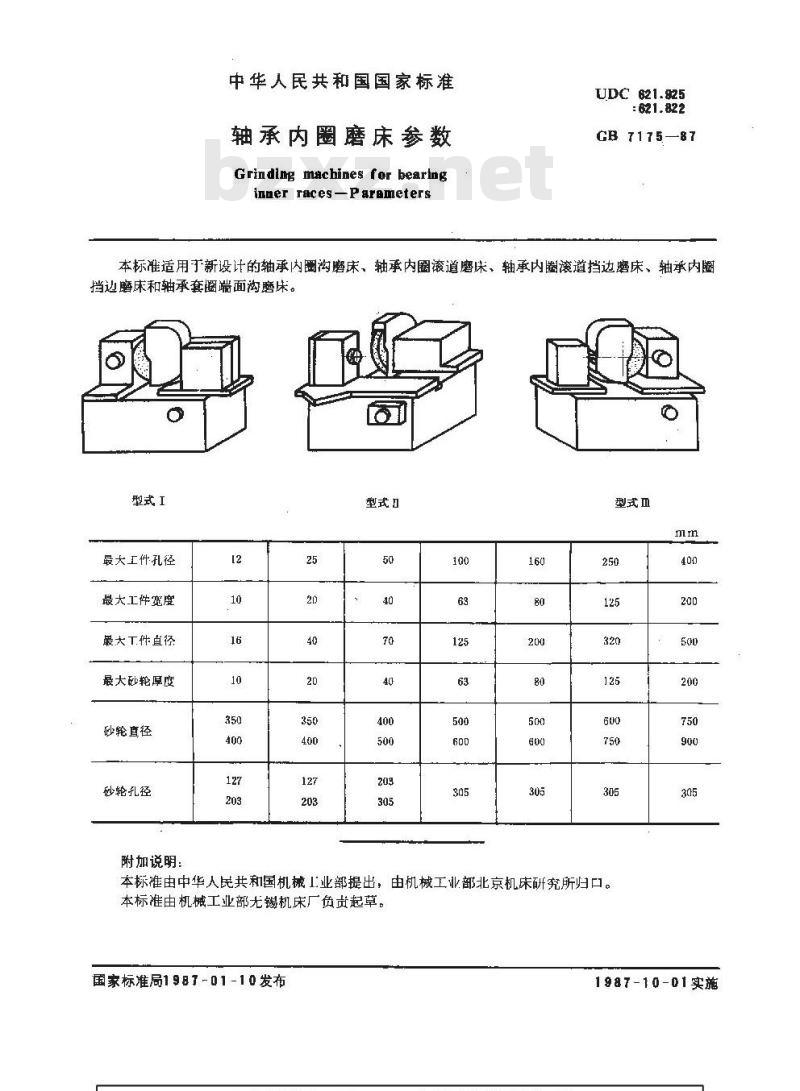GB 7175-1987 轴承内圈磨床参数