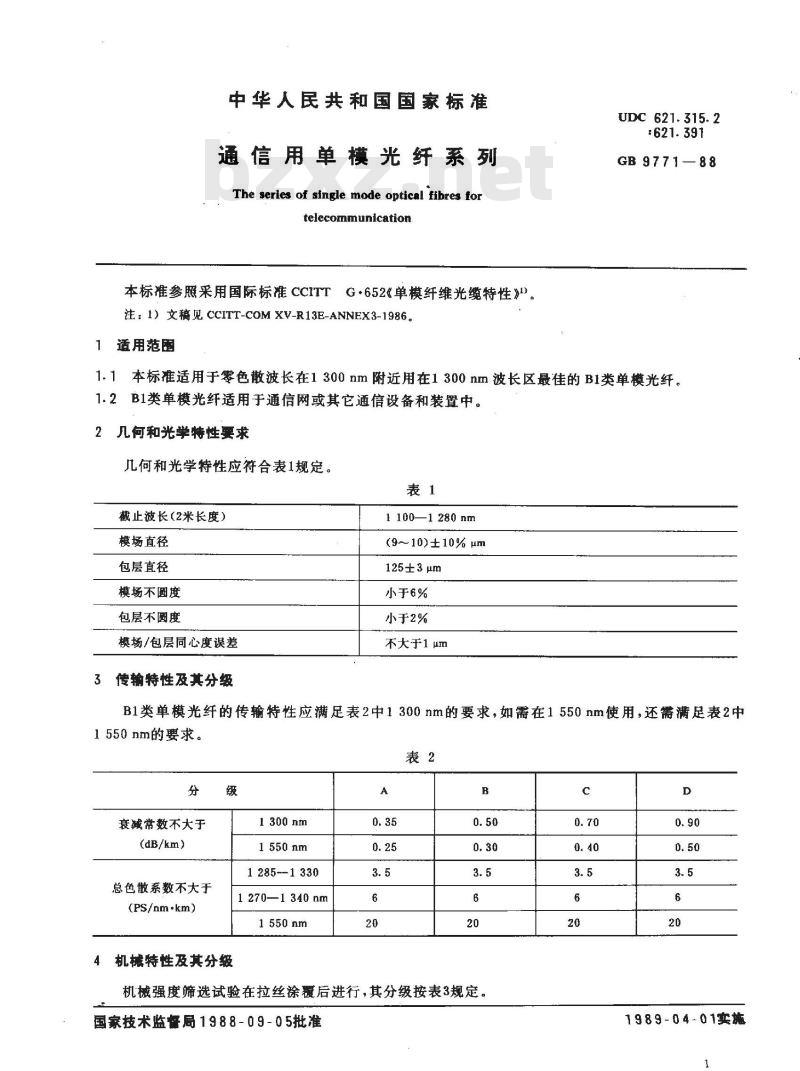 GB 9771-1988 通信用单模光纤系列