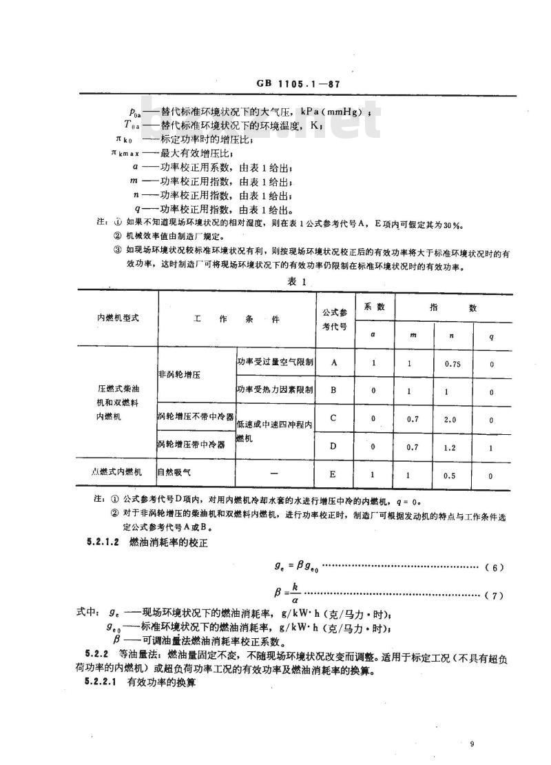 GB/T 1105.1-1987 内燃机台架性能试验方法 标准环境状况及功率、燃油消耗和机油消耗的标定