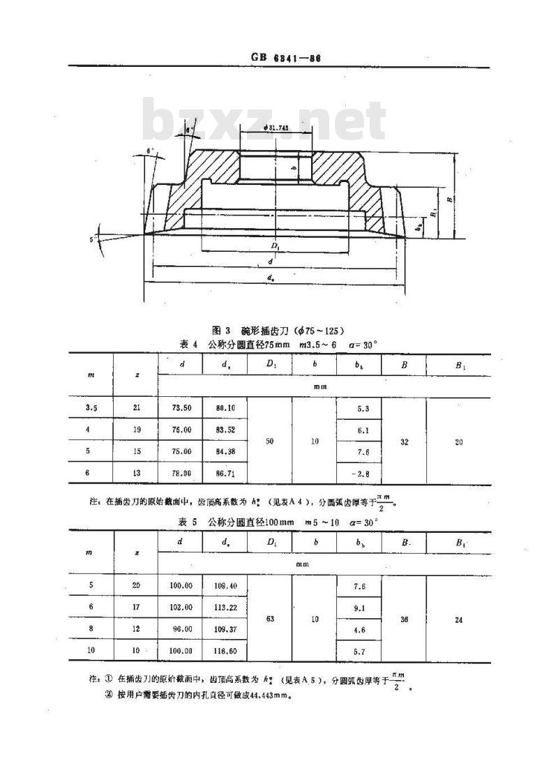 GB 6341-1986 渐开线内花键插齿刀基本型式和尺寸