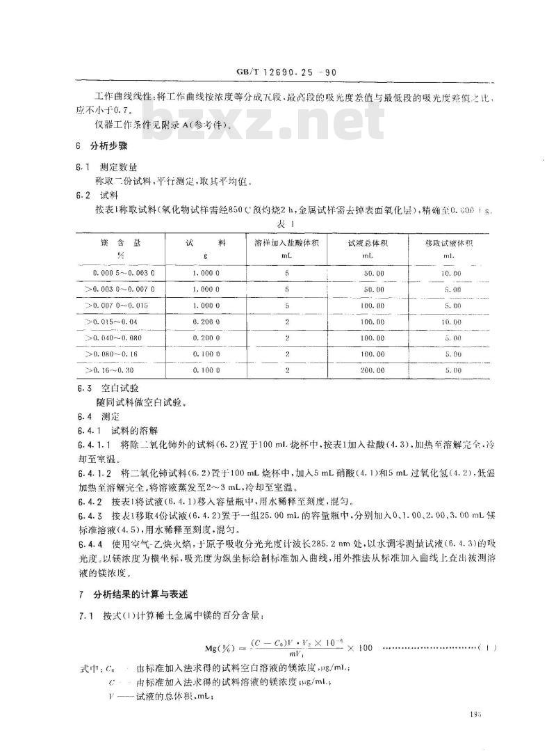GB/T 12690.25-1990 稀土金属及其氧化物化学分析方法 火焰原子吸收光谱法测定镁量