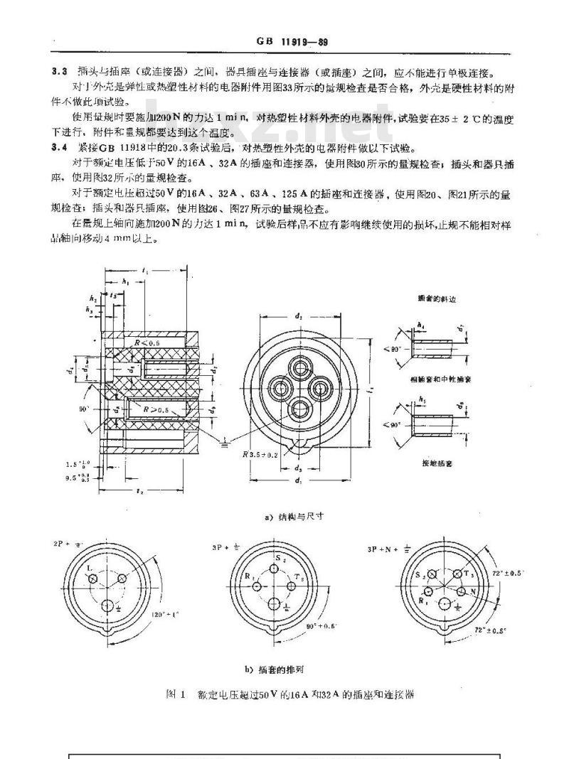 GB/T 11919-1989 工业用插头插座和耦合器 插销和插套尺寸互换性的要求
