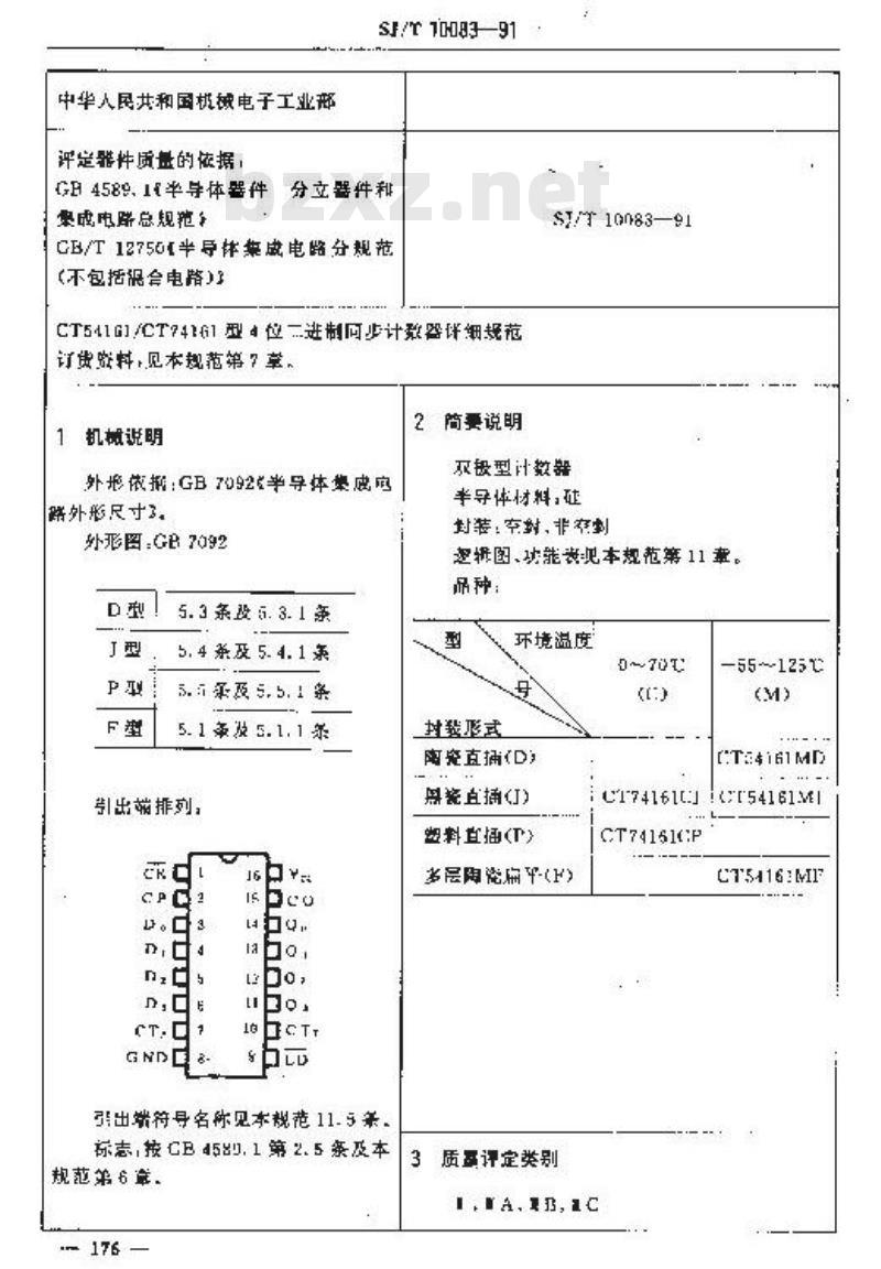 SJ/T 10083-1991 电子器件详细规范 半导体集成电路ＣＴ５４１６１／ＣＴ７４１６１型４位二进制同步计数器(异步清除)