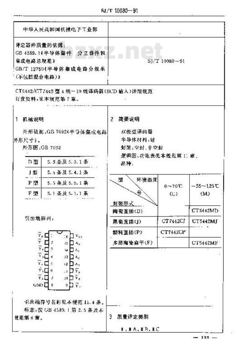 SJ/T 10080-1991 电子器件详细规范 半导体集成电路ＣＴ５４４２／ＣＴ７４４２型４线－１０线译码器(ＢＣＤ输入)