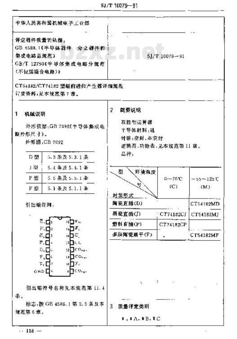 SJ/T 10079-1991 电子器件详细规范 半导体集成电路ＣＴ５４１８２／ＣＴ７４１８２型超前进位产生器