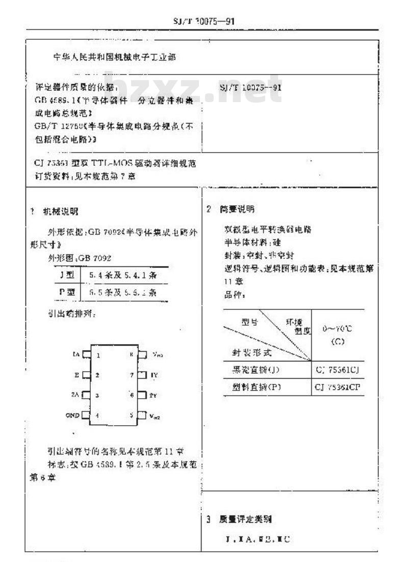 SJ/T 10075-1991 电子器件详细规范 半导体集成电路ＣＪ７５３６１型双ＴＴＬ－ＭＯＳ驱动器
