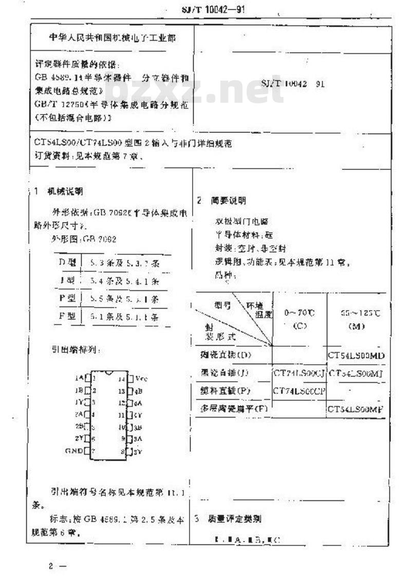 SJ/T 10042-1991 电子器件详细规范 半导体集成电路ＣＴ５４ＬＳ００／ＣＴ７４ＬＳ００型四２输入与非门
