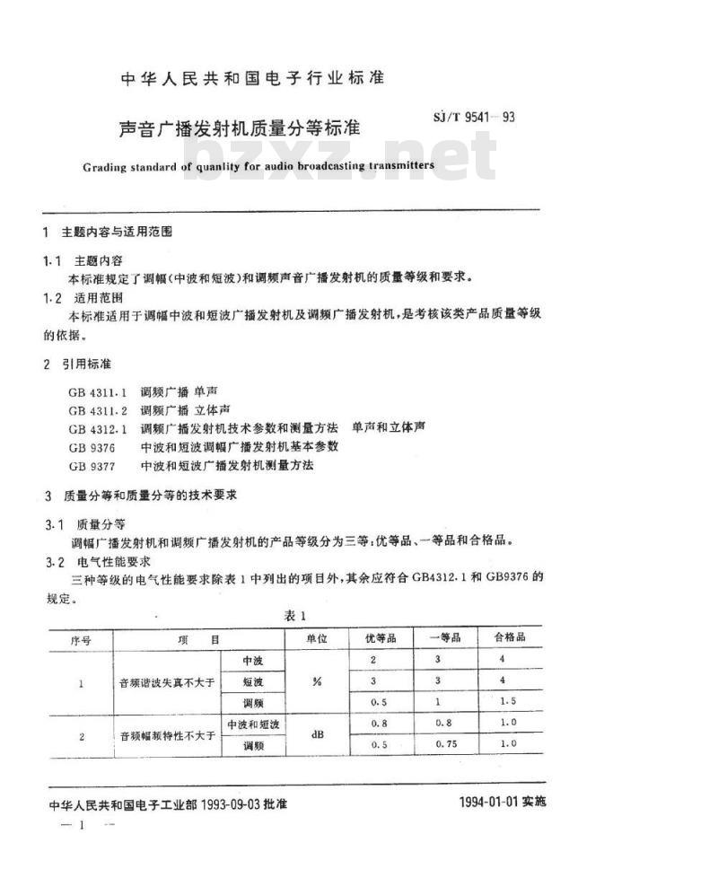 SJ/T 9541-1993 声音广播发射机质量分等标准