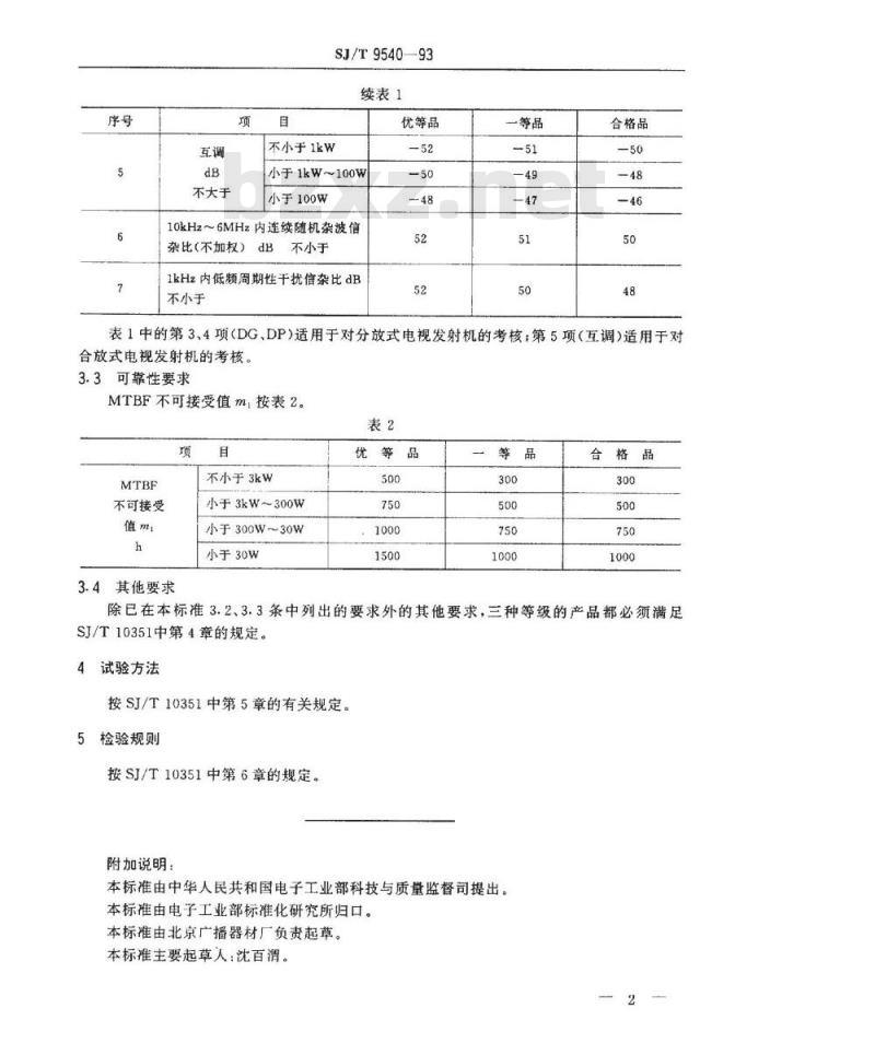 SJ/T 9540-1993 电视发射机质量分等标准