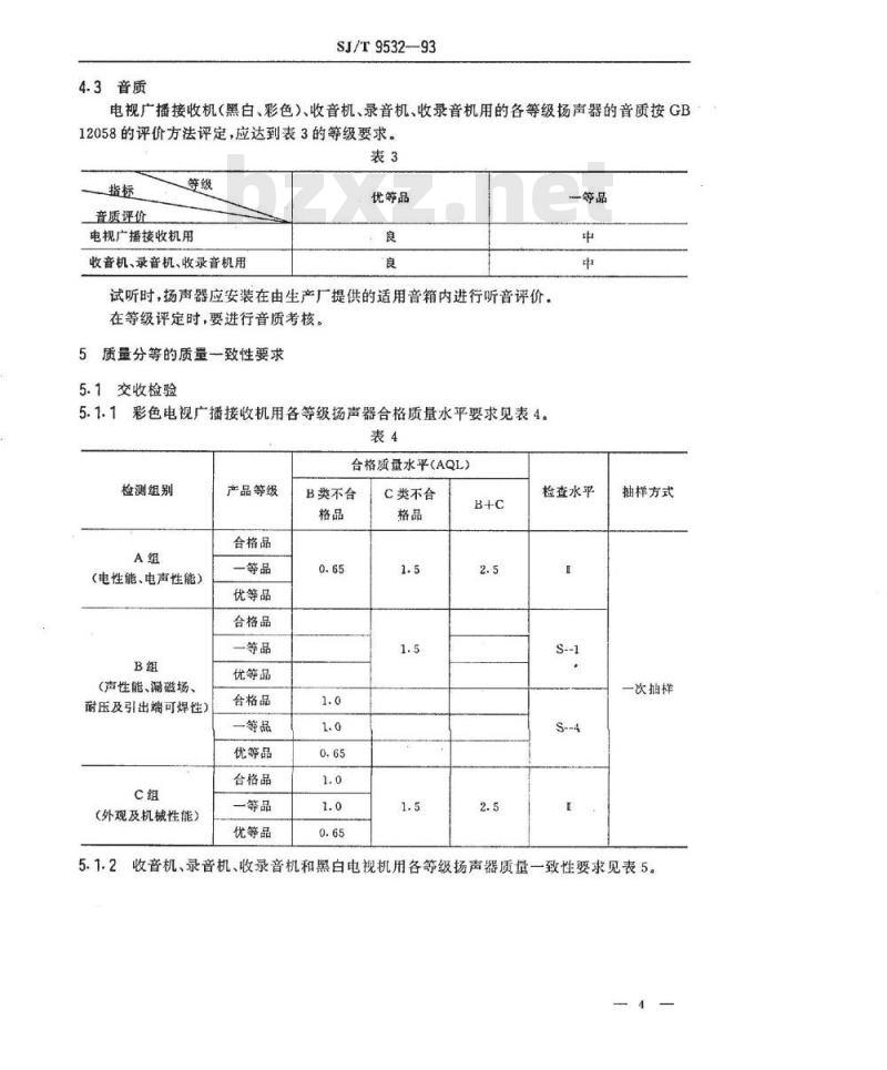 SJ/T 9532-1993 扬声器质量分等标准