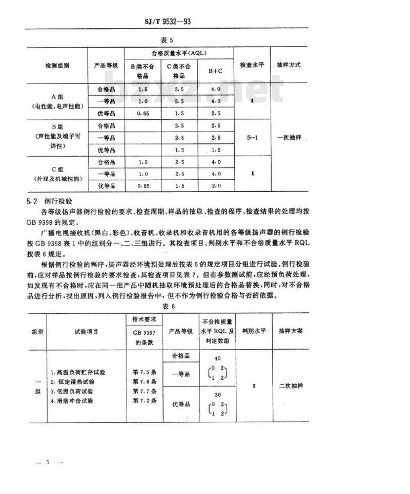 SJ/T 9532-1993 扬声器质量分等标准