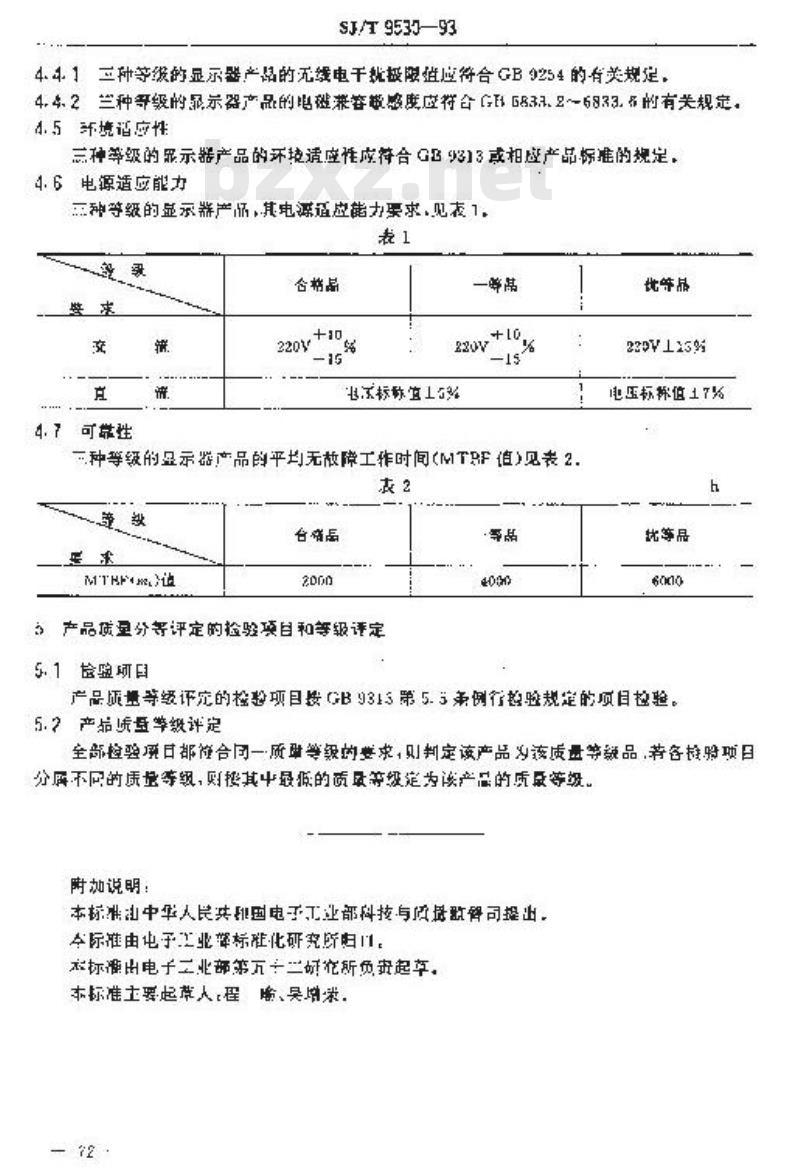 SJ/T 9530-1993 数字电子计算机用阴极射线管显示器质量分等标准