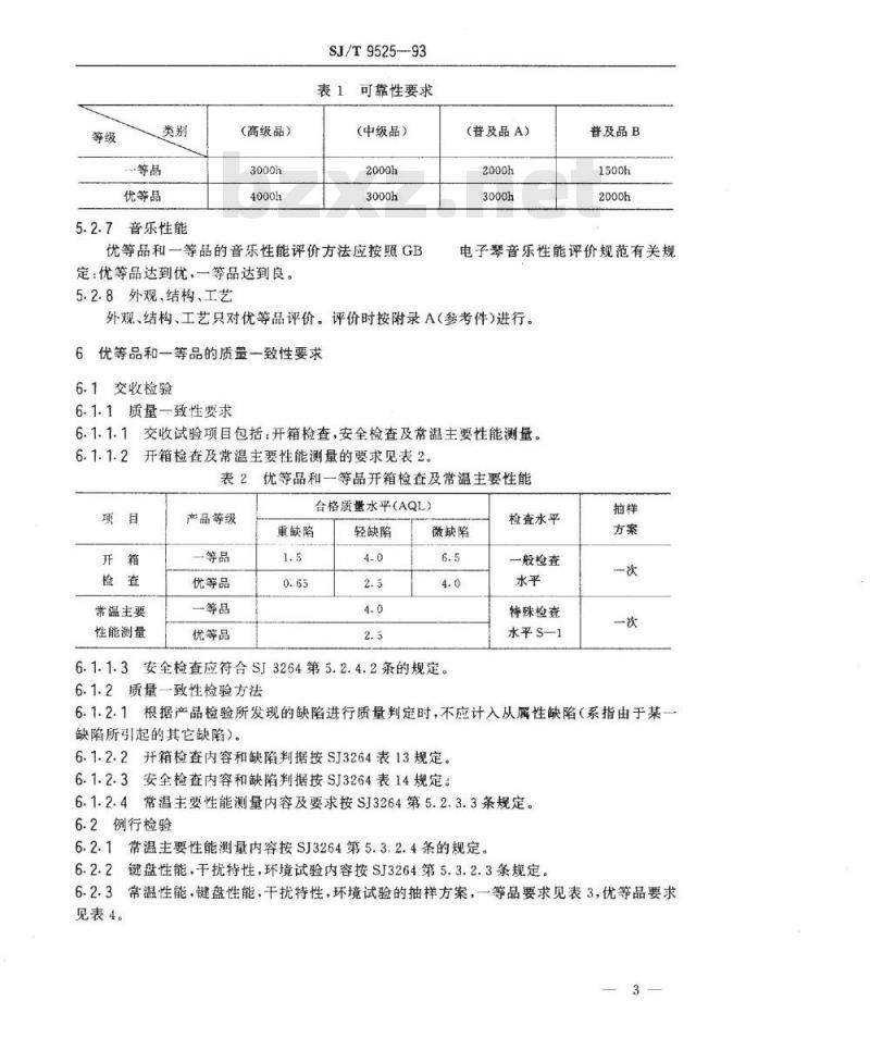 SJ/T 9525-1993 电子琴质量分等标准