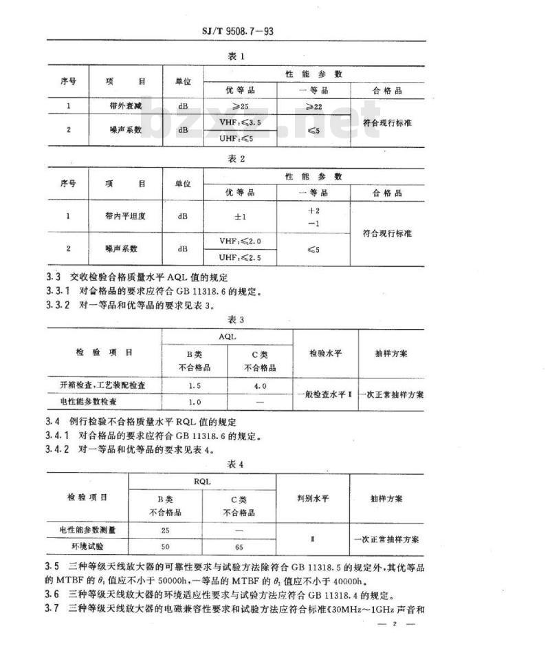 SJ/T 9508.7-1993 ３０ＭＨｚ～１ＧＨｚ声音和电视信号的电缆分配系统 天线放大器质量分等标准