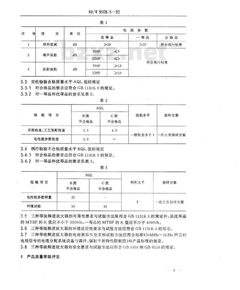SJ/T 9508.5-1993 ３０ＭＨｚ～１ＧＨｚ声音和电视信号的电缆分配系统 频道放大器质量分等标准