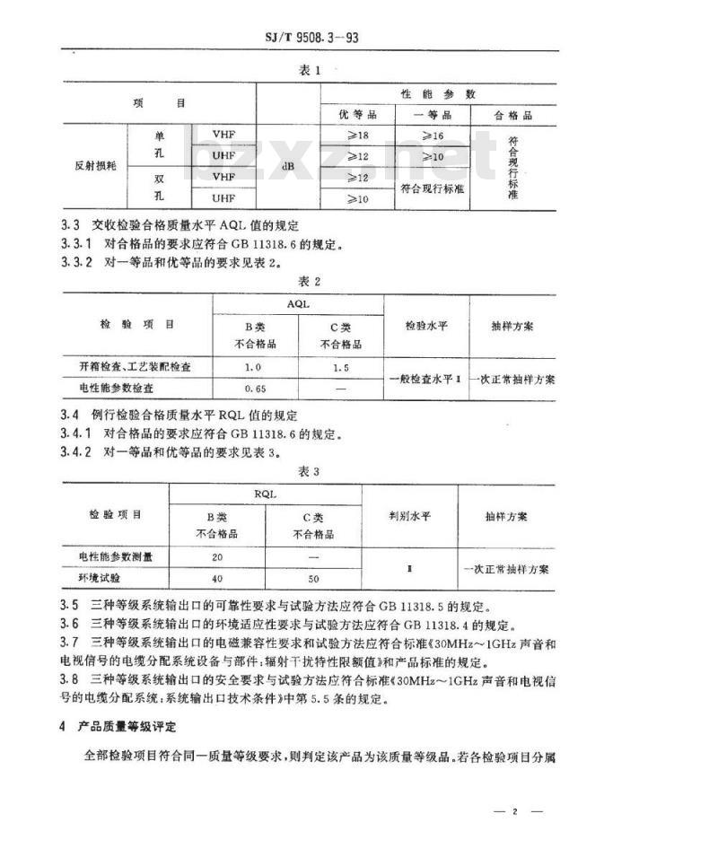 SJ/T 9508.3-1993 ３０ＭＨｚ～１ＧＨｚ声音和电视信号的电缆分配系统 系统输出口质量分等标准