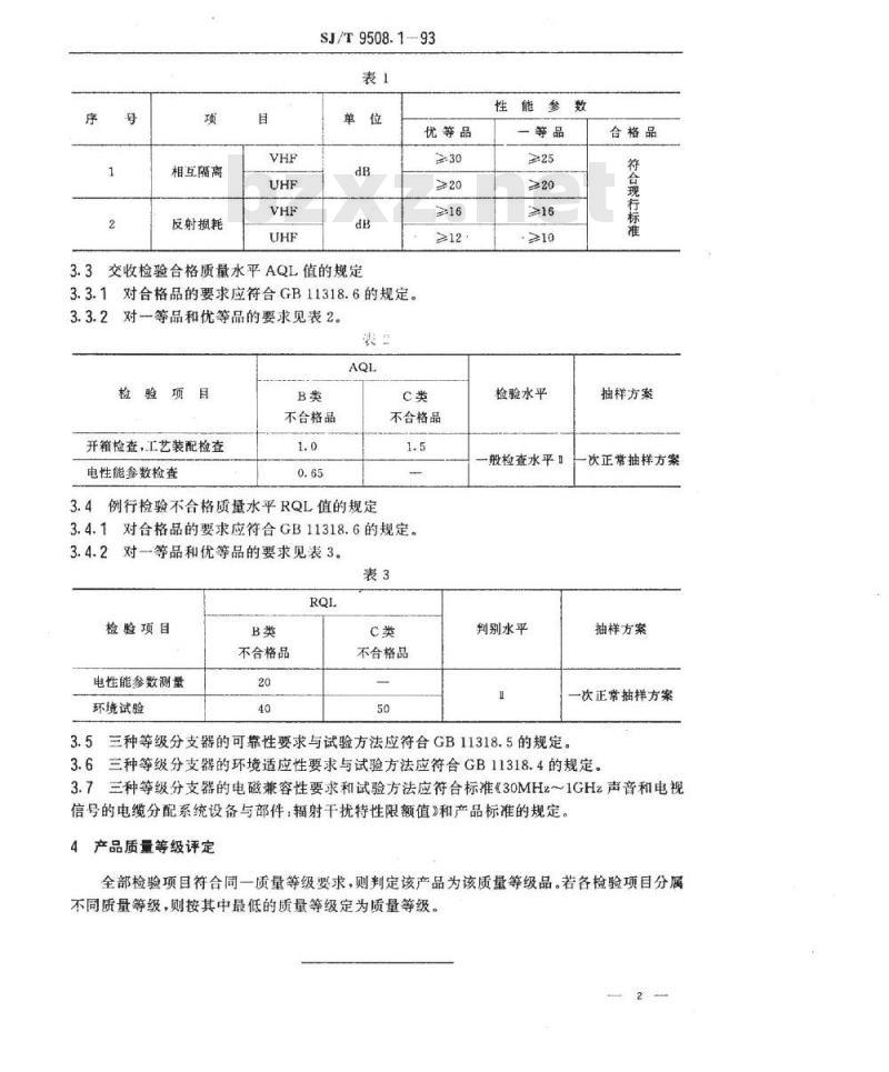 SJ/T 9508.1-1993 ３０ＭＨｚ～１ＧＨｚ声音和电视信号的电缆分配系统 分支器质量分等标准