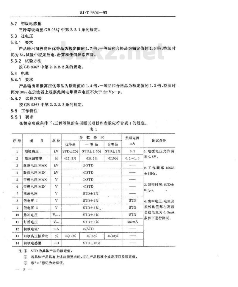 SJ/T 9504-1993 彩色电视接收机用回扫变压器产品质量分等标准