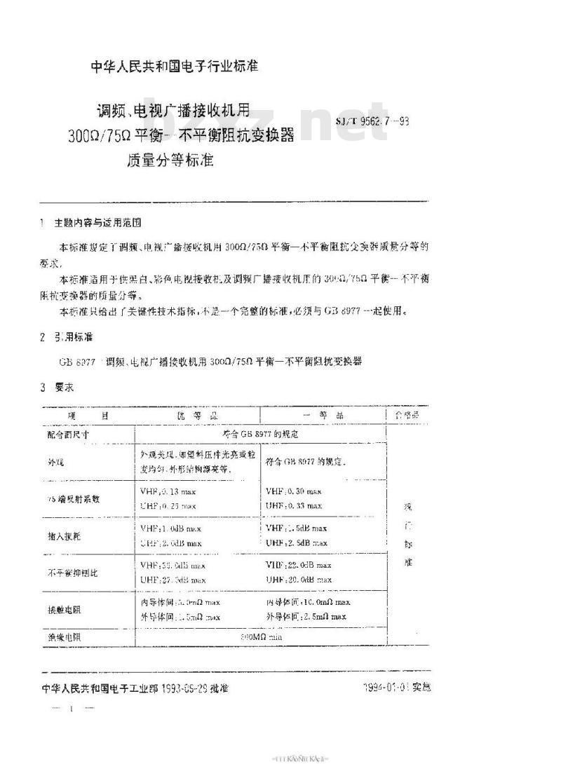 SJ/T 9562.7-1993 调频、电视广播接收机用３００Ω／７５Ω平衡－不平衡阻抗变换器质量分等标准