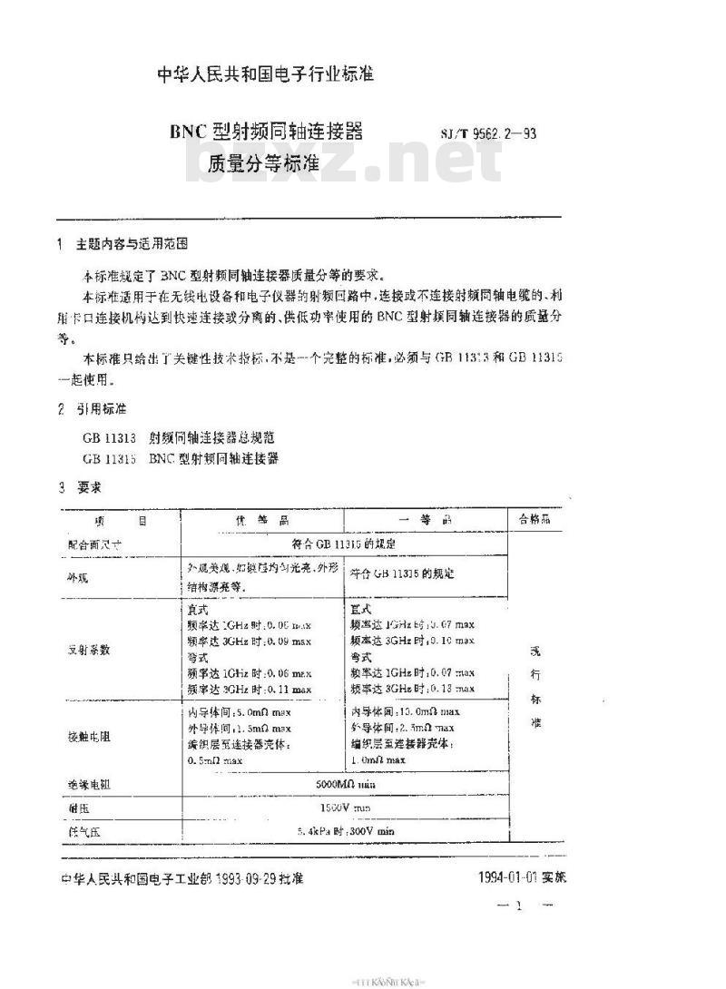 SJ/T 9562.2-1993 ＢＮＣ型射频同轴连接器质量分等标准