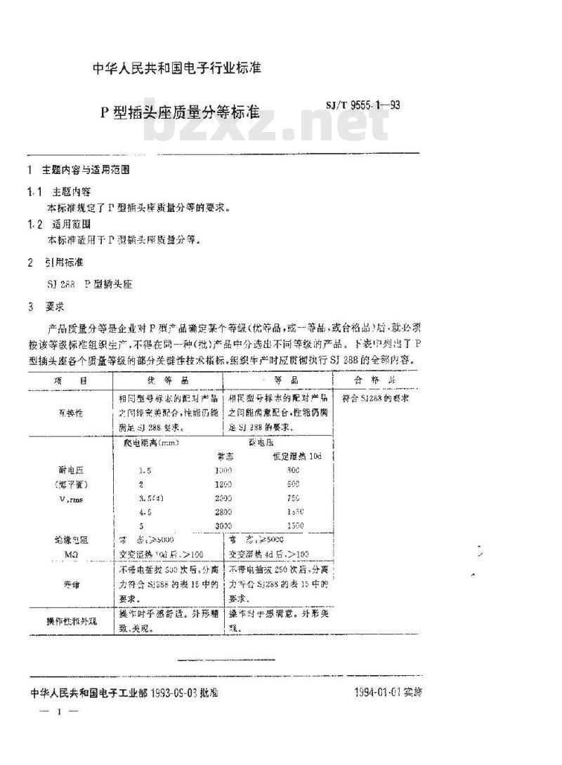 SJ/T 9555.1-1993 Ｐ型插头座质量分等标准