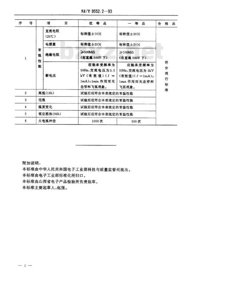 SJ/T 9552.2-1993 彩色电视广播接收机用消磁线圈质量分等标准