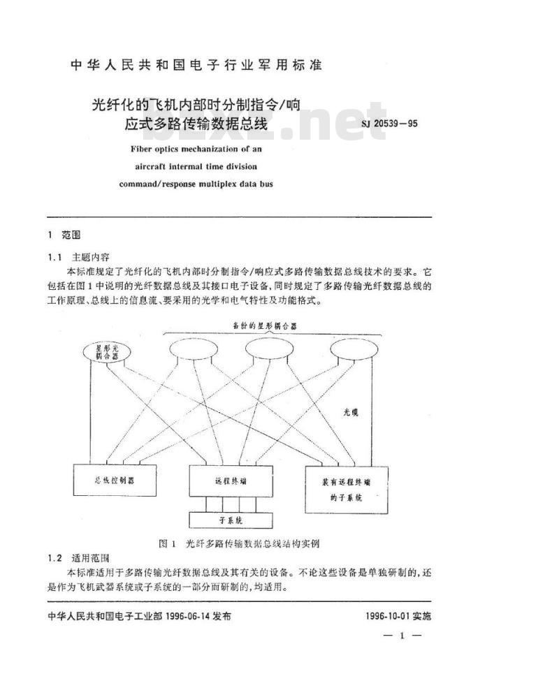 SJ 20539-1995 光纤化的飞机内部时分制指令／响应式多路传输数据总线