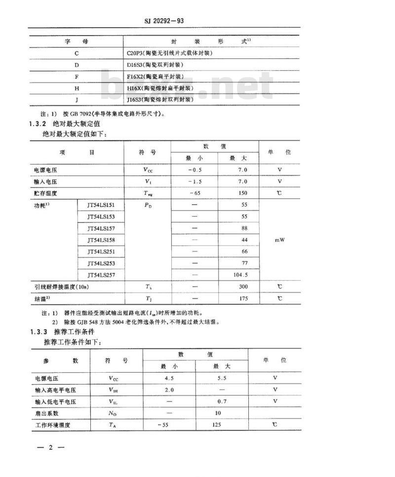 SJ 20292-1993 半导体集成电路 JT54LS151(153、157、158、251、253、257)型LS-TTL数据选择器详细规范