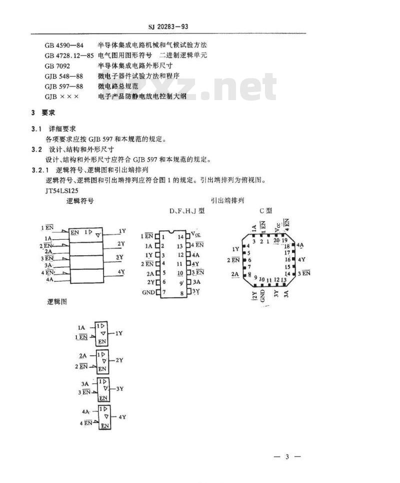 SJ 20283-1993 半导体集成电路 JT54LS125和JT54LS126型LS-TTL四缓冲器(3S)详细规范