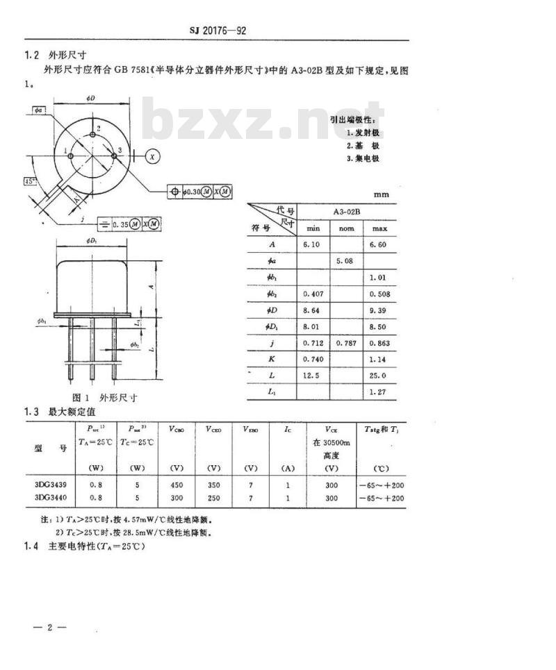 SJ 20176-1992 半导体分立器件 ３ＤＧ３４３９型和３ＤＧ３４４０型ＮＰＮ硅小功率高反压晶体管详细规范