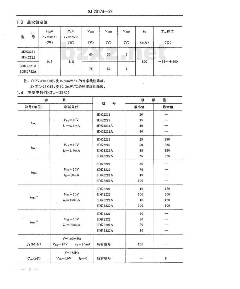 SJ 20174-1992 半导体分立器件 ３ＤＫ２２２１(２２２１Ａ、２２２２、２２２２Ａ)型ＮＰＮ硅小功率开关晶体管详细规范