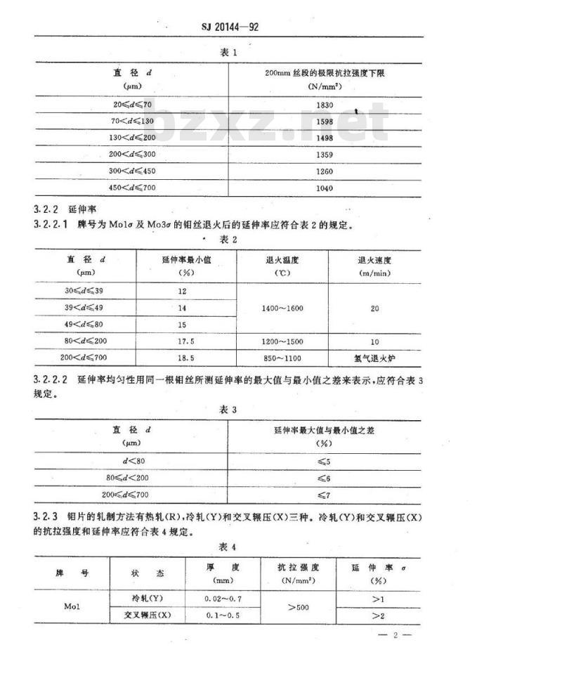 SJ 20144-1992 电子器件用钼杆、钼丝、钼片规范