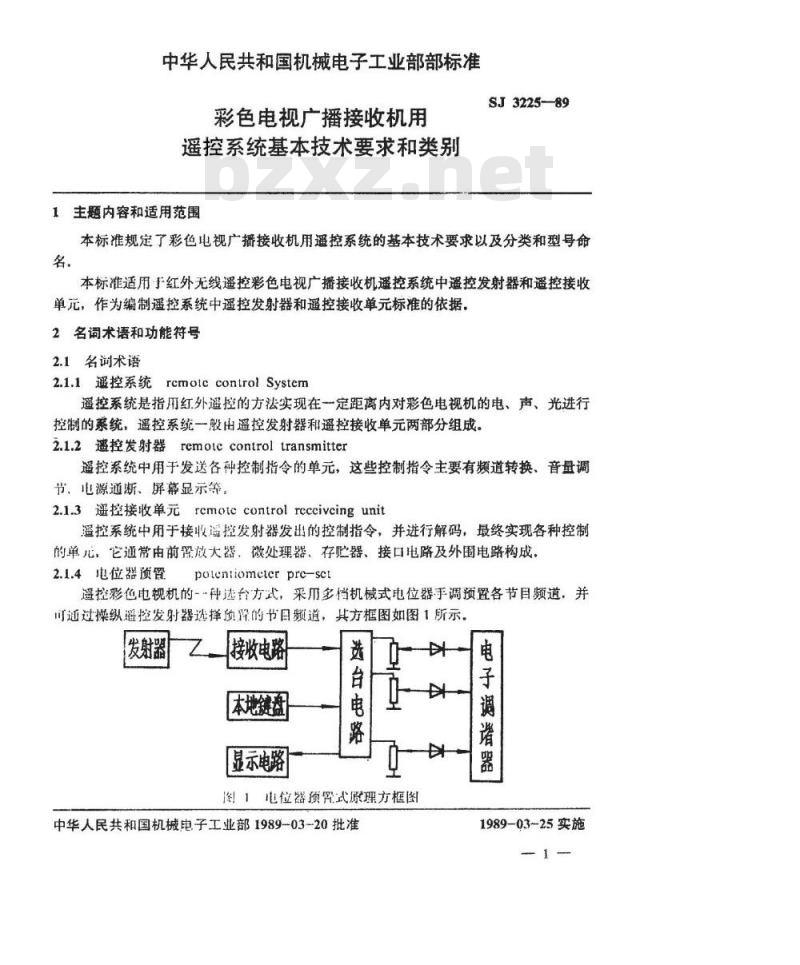 SJ 3225-1989 彩色电视广播接收机用遥控系统基本技术要求和类别