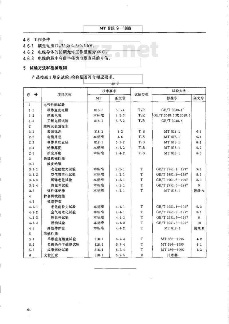 MT 818.9-1999 煤矿用阻燃电缆 第1单:煤矿用移动类阻燃软电缆 第9部分:煤矿用移动轻型软电缆