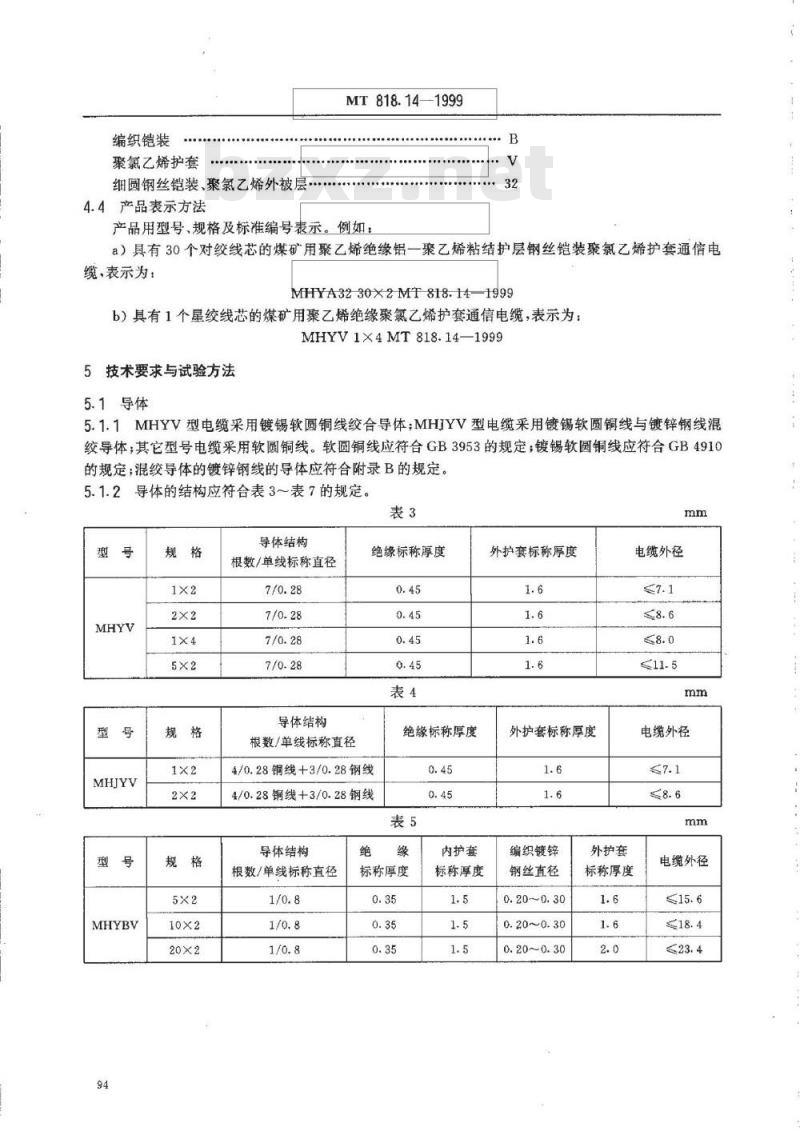 MT 818.14-1999 煤矿用阻燃电缆 第3单:煤矿用阻燃通信电缆