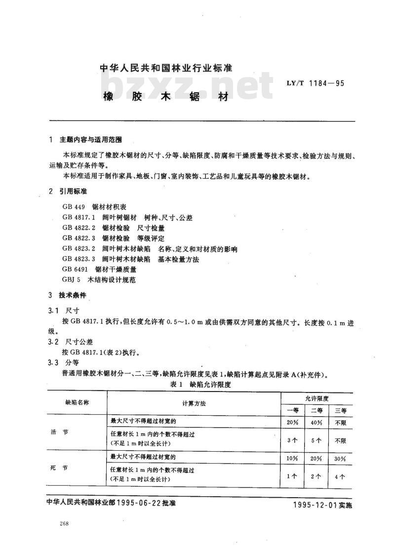 LY/T 1184-1995 橡胶木锯材
