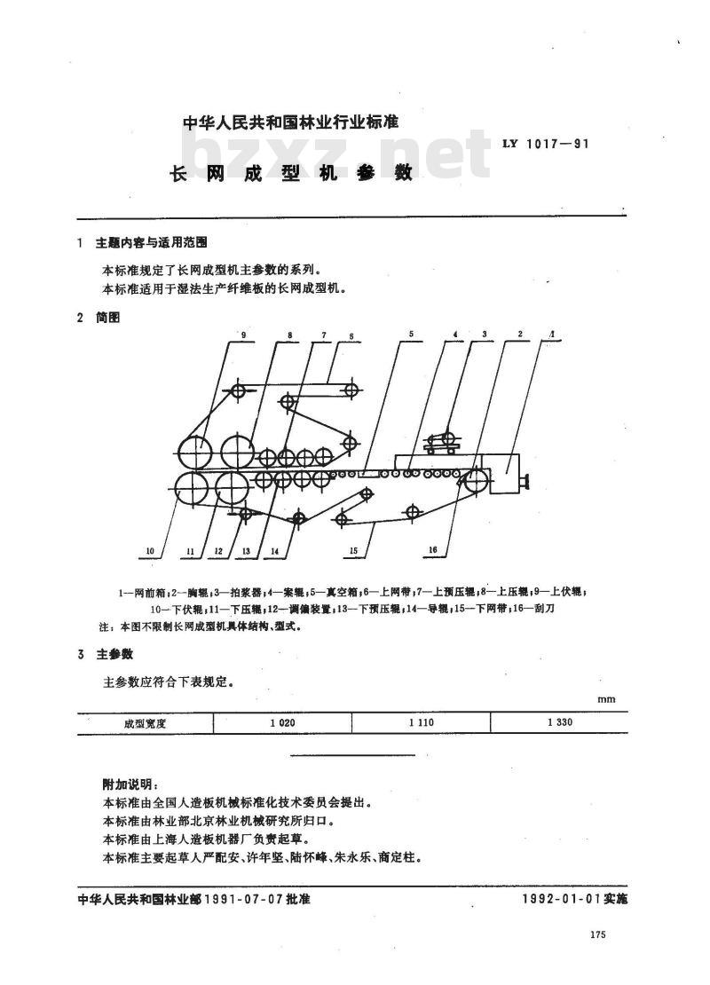 LY/T 1017-1991 长网成型机参数