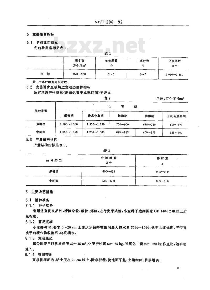 NY/T 206-1992 华北地区冬小麦公顷产量4500至5250kg(亩产300至350kg)载培技术规程