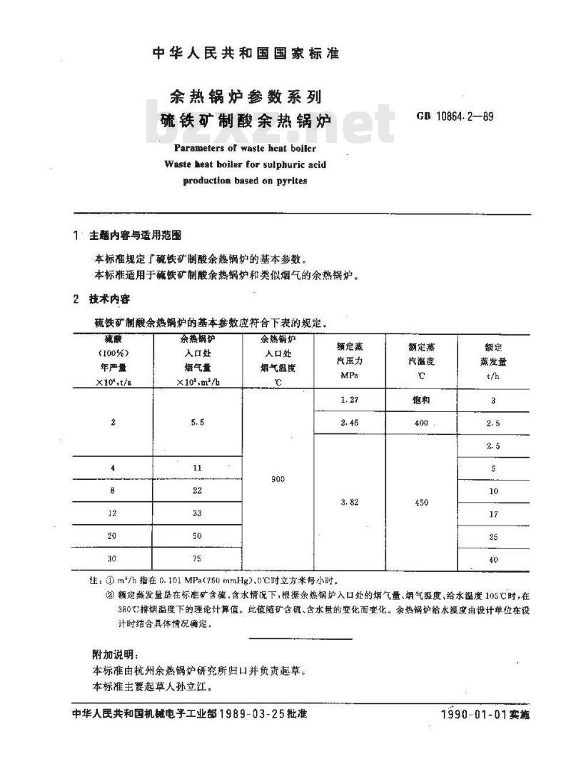 GB 10864.2-1989 余热锅炉参数系列 硫铁矿制酸余热锅炉