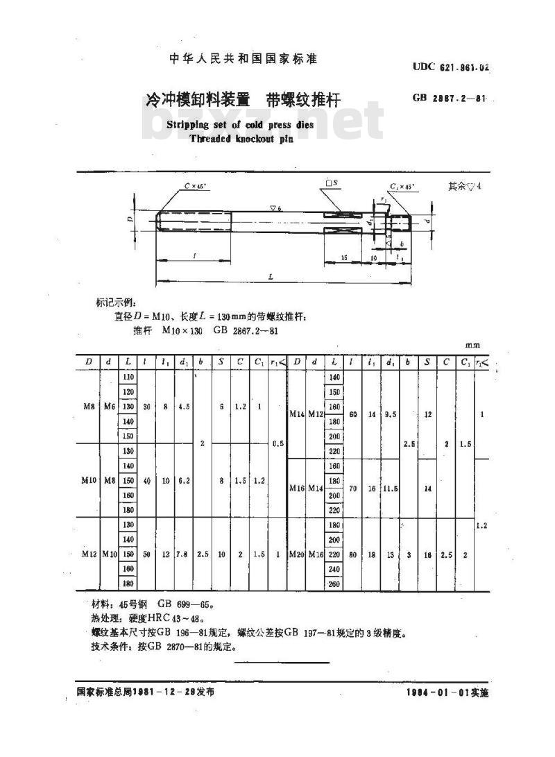 GB 2867.2-1981 冷冲模卸料装置 带螺纹推杆