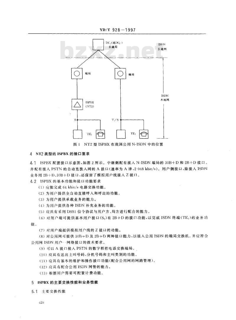 YD/T 928-1997 N-ISDN第二类网络终端(NT2型)设备ISDN用户交换机技术规范