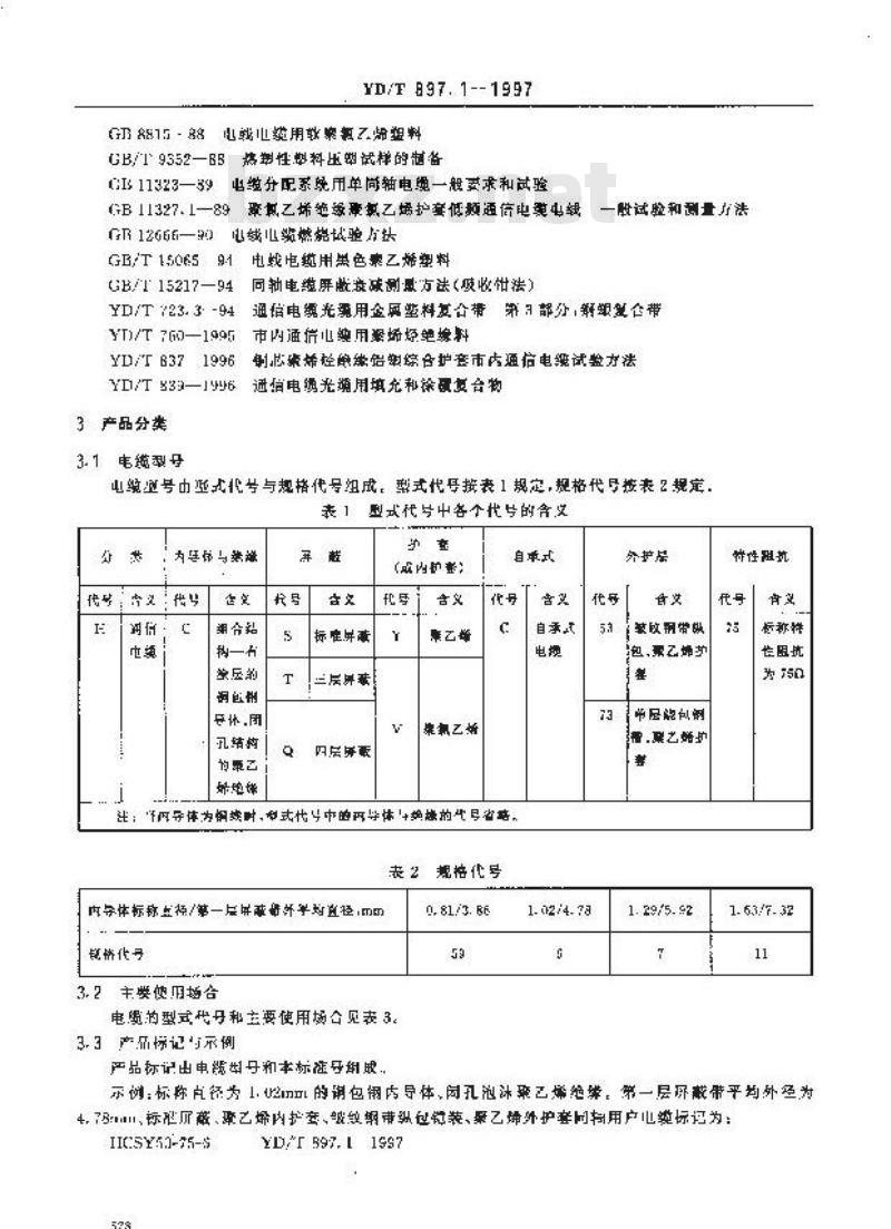 YD/T 897.1-1997 接入网用同轴电缆 第1部分：同轴用户电缆一般要求