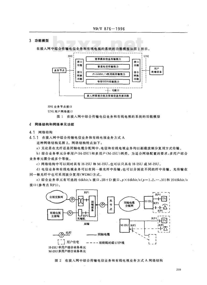 YD/T 876-1996 用户接入网中综合传输电信业务和有线电视业务的技术要求