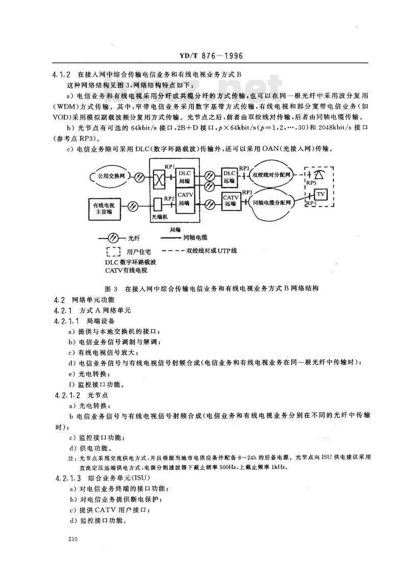 YD/T 876-1996 用户接入网中综合传输电信业务和有线电视业务的技术要求