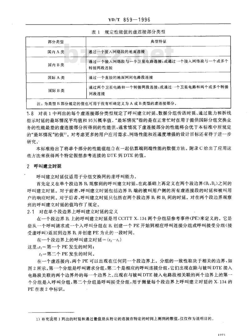 YD/T 859-1996 公用数据网提供国际分组交换业务服务速度(时延和通过量)的性能值