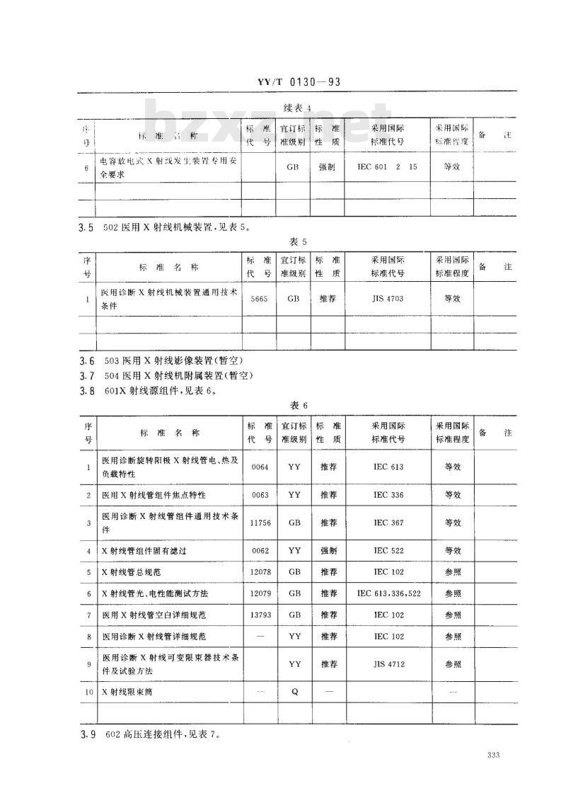 YY/T 0130-1993 医用X射线设备及用具标准体系表