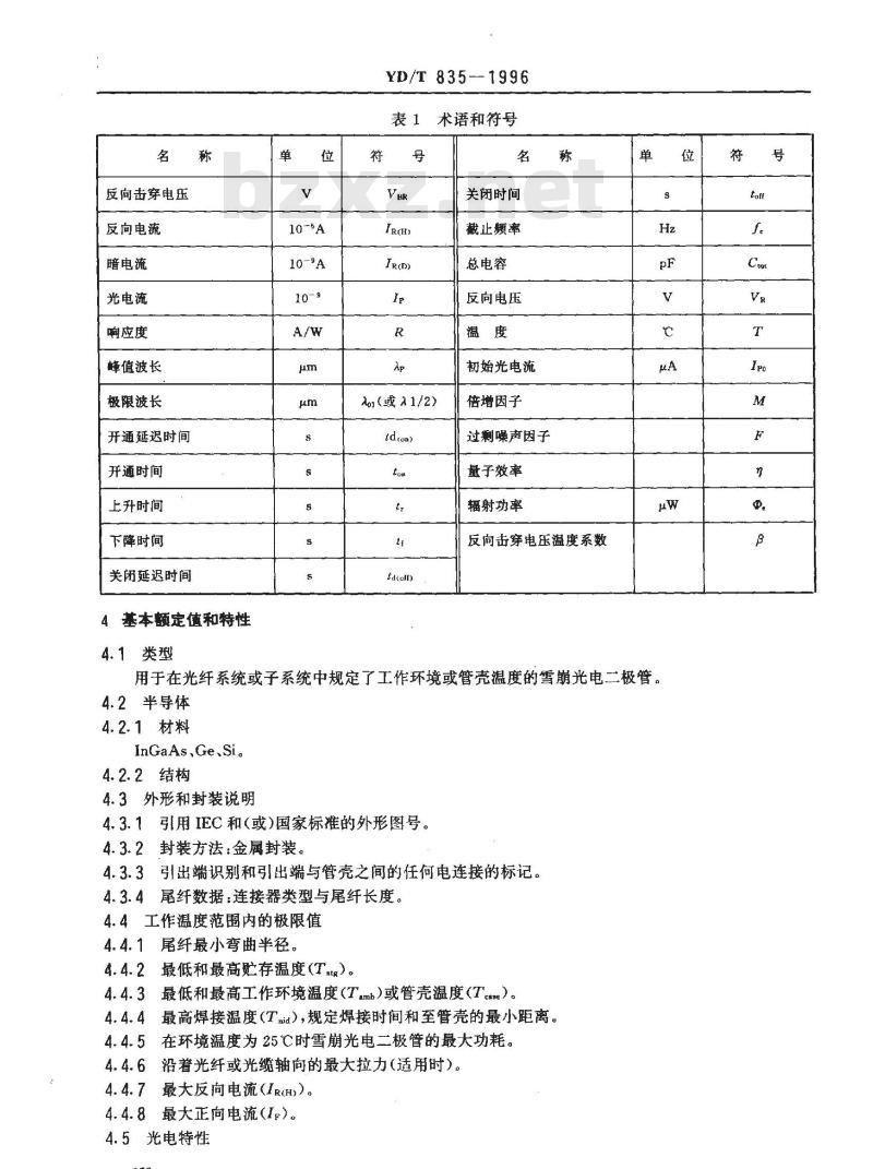 YD/T 835-1996 雪崩光电二极管检测方法
